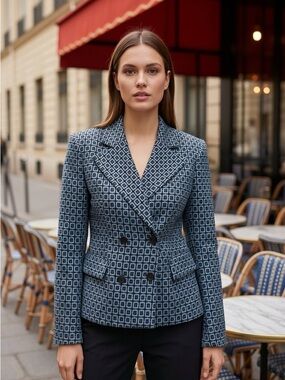 Double-Breasted Geometric Print Blazer Jacket - Blue